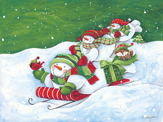 Diane Kater ART1169 - ART1169 - Wee! - 16x12 Sled, Sled Riding, Holidays, Snowmen, Winter, Birds, Forest Animals, Trees, Snowman Family from Penny Lane