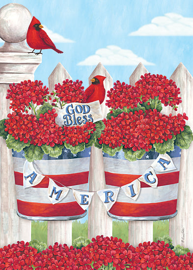 Diane Kater ART1241 - ART1241 - Patriotic Geraniums - 12x18 Flowers, Geraniums, Patriotic, Americana, Cardinals, Fence, God Bless America from Penny Lane