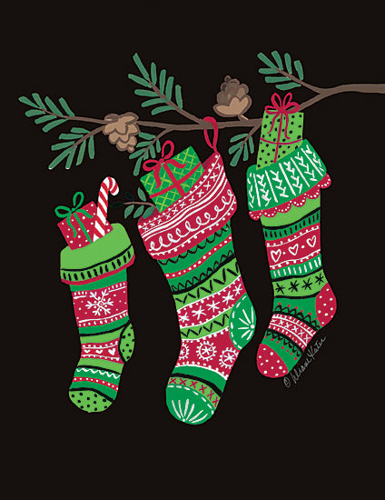 Diane Kater ART1294 - ART1294 - Stockings Trio    - 12x16 Christmas, Holidays, Stockings, Winter, Black Background from Penny Lane