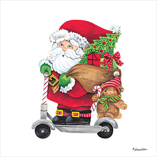 Diane Kater ART1317 - ART1317 - Scootin' Santa - 12x12 Christmas, Holidays, Santa Claus, Whimsical, Scooter, Teddy Bear, Christmas Decorations from Penny Lane