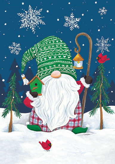 Diane Kater ART1327 - ART1327 - Snowy Santa Gnome  - 12x16 Christmas, Holidays, Winter, Gnome, Santa Gnome, Cardinals, Birdhouse, Trees, Snow, Snowflakes from Penny Lane