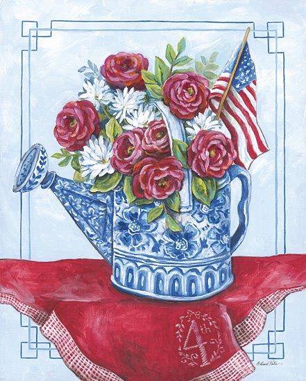 Diane Kater ART1339 - ART1339 - Patriotic Roses Watering Can - 12x16 Still Life, Watering Can, Blue and White, Red and White Flowers, American Flag, Patriotic, Americana, July 4th, Independence Day, Red Bandana, Red, White, Blue from Penny Lane