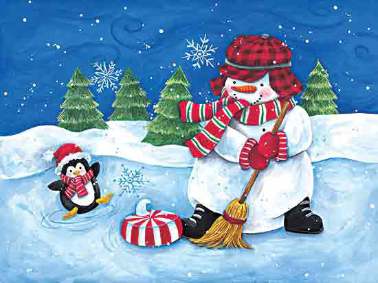 Diane Kater ART1347 - ART1347 - Candy Curling - 16x12 Winter, Curling, Snowman, Whimsical, Snow, Landscape, Trees, Penguin, Frozen Pond, Snowflakes from Penny Lane