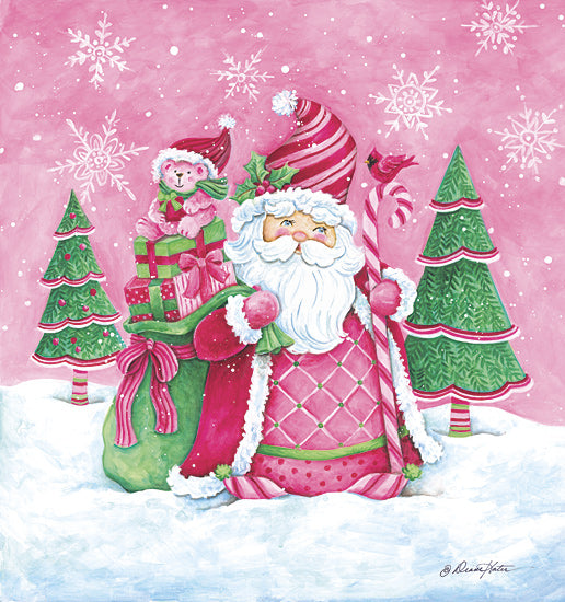 Diane Kater ART1355 - ART1355 - Pretty in Pink Santa Claus - 12x12 Christmas, Holidays, Santa Claus, Christmas Trees, Winter, Snow, Snowflakes, Teddy Bear, Presents, Cardinal, Candy Cane, Pink, Green from Penny Lane