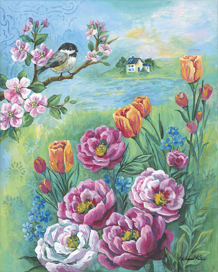 Diane Kater ART1358 - ART1358 - Spring Chickadee - 12x16 Flowers, Pink Flowers, Orange Flowers, Flowering Tree, Bird, Chickadee, Landscape, House, Spring, Spring Flowers, Pond from Penny Lane