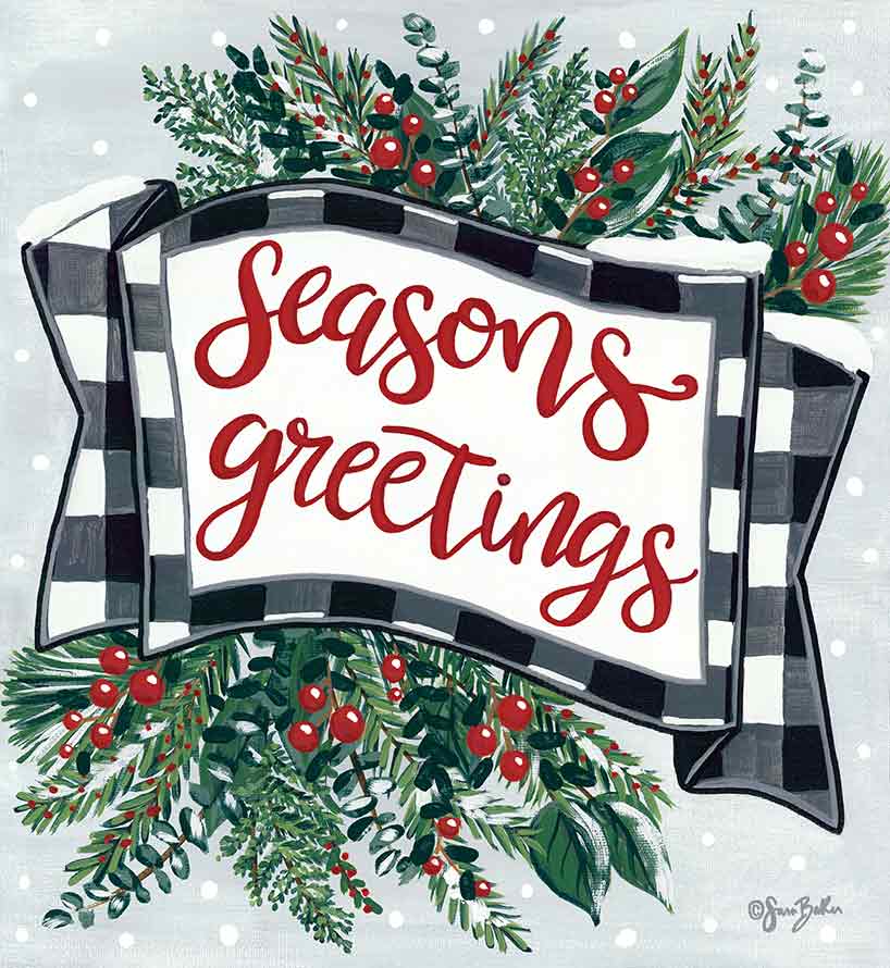 Sara Baker BAKE147 - BAKE147 - Seasons Greetings Banner     - 12x12 Season Greetings, Banner, Pine Needles, Berries, Black & White Gingham, Signs, Christmas from Penny Lane