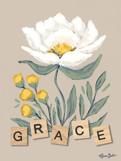 Sara Baker BAKE246 - BAKE246 - Happy Flower Grace - 12x16 Inspirational, Grace, Typography, Signs, Textual Art, Flowers, White Flower, Scrabble Tiles, Spring from Penny Lane