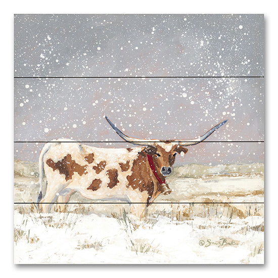 Sara Baker BAKE269PAL - BAKE269PAL - Longhorn Holiday   - 12x12 Cow, Longhorn Cow, Winter, Snow, Landscape, Bell, Holidays, Christmas from Penny Lane