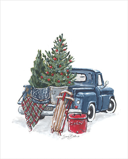 Sara Baker BAKE317 - BAKE317 - Old Time Christmas Tradition II    - 12x16 Christmas, Holidays, Still Life, Truck, Blue Truck, Christmas Trees, Sled, Blanket, Winter, Snow, Enamelware from Penny Lane