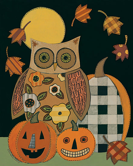 Bernadette Deming BER1414 - BER1414 - Floral Owl and Pumpkins - 12x16 Owl, Pumpkins, Jack O'lanterns, Patchwork, Primitive, Autumn from Penny Lane