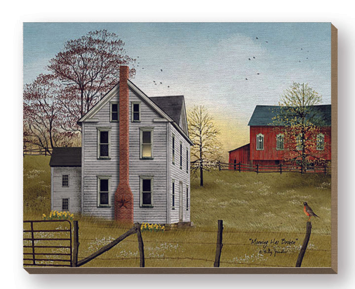 Billy Jacobs BJ1075FW - BJ1075FW - Morning Has Broken - 20x16 Folk Art, Barn, Red Barn, Farm, House, Homestead, Flowers, Trees, Fence, Birds, Morning, Morning Has Broken from Penny Lane