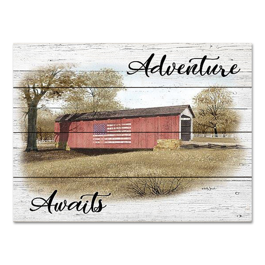 Billy Jacobs BJ1285PAL - BJ1285PAL - Adventure Awaits - 16x12 Folk Art, Covered Bridge, Patriotic, American Flag, USA, Adventure Awaits, Typography, Signs, Textual Art, Landscape from Penny Lane