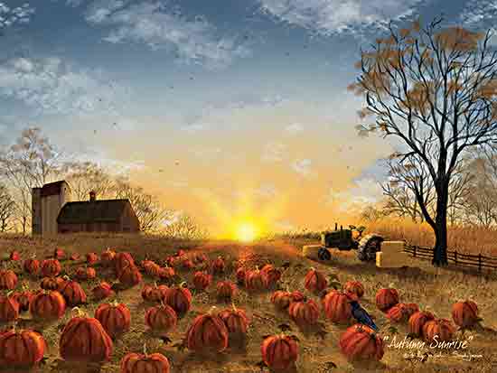 Billy Jacobs BJ1323 - BJ1323 - Autumn Sunrise - 16x12 Fall, Barn, Farm, Pumpkins, Pumkin Field, Crows, Tractor, Hay, Harvest, Autumn Sunrise, Sun, Morning, Nature, Tree, Landscape, Folk Art from Penny Lane
