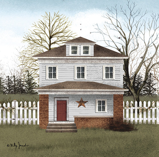 Billy Jacobs BJ1329 - BJ1329 - White Picket Fence II - 12x12 Folk Art, House, Homestead, Front Porch, Barn Star, Farmhouse/Country, White Fence, Landscape, Trees, White Picket Fence from Penny Lane