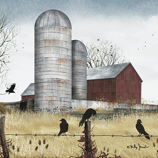 Billy Jacobs BJ1340 - BJ1340 - Fall Gathering II - 12x12 Folk Art, Fall, Harvest, Barn, Red Barn, Farm, Silos, Wheat, Field, Crows, Fence, Landscape, Fall Gathering from Penny Lane
