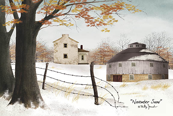 Billy Jacobs BJ144A - BJ144A - November Snow - 12x16 November Snow, Winter, Farm, Barn, Round Barn, Folk Art, Landscape from Penny Lane