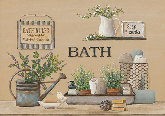 Pam Britton BR466 - Farmhouse Bath II - 16x12 Bath, Farmhouse, Watering Can, Flowers, Bathroom, Greenery from Penny Lane