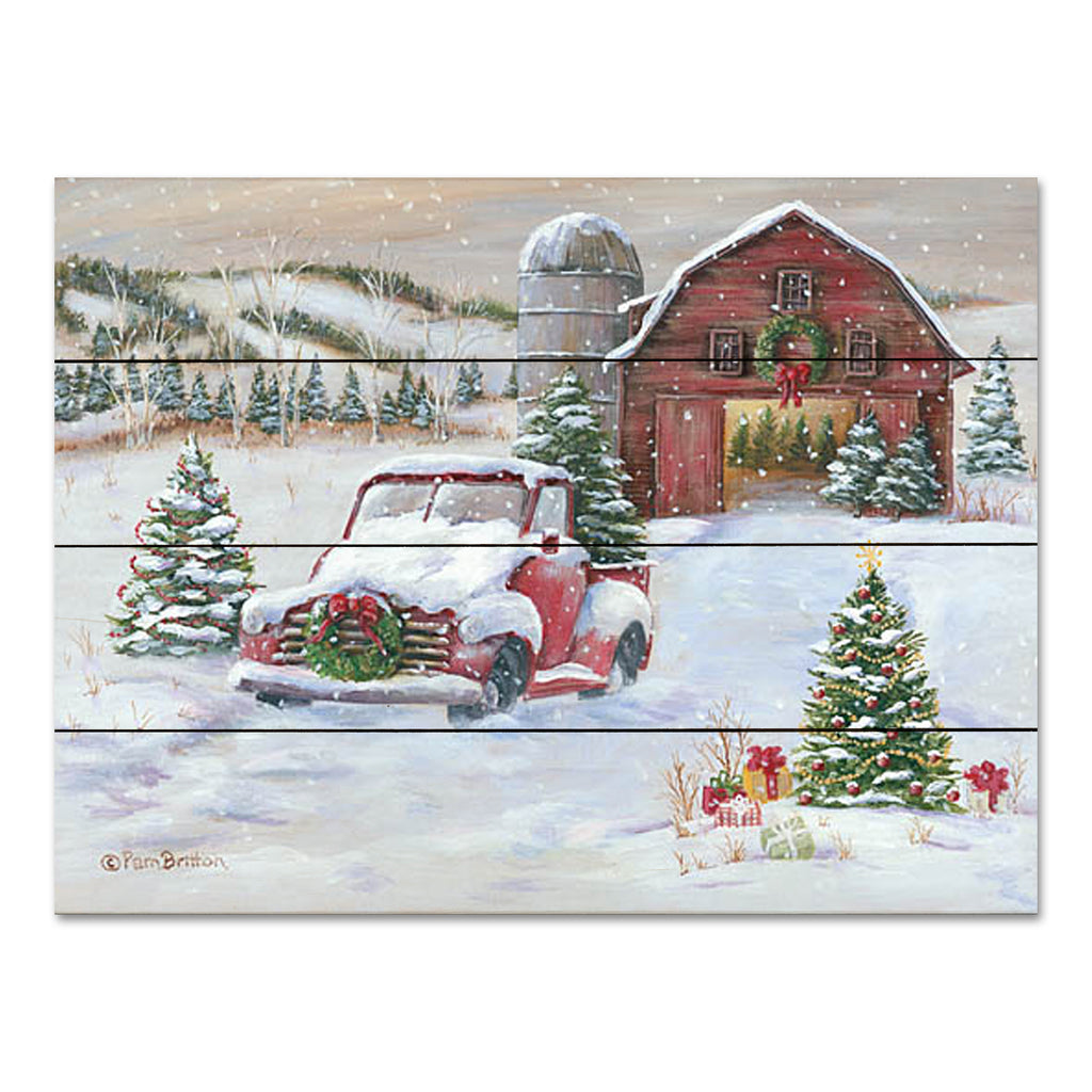 Pam Britton BR518PAL - BR518PAL - Snowy Christmas Farm     - 16x12 Christmas, Holidays, Barn, Farm, Folk Art, Winter, Truck, Red Truck, Landscape, Rustic from Penny Lane
