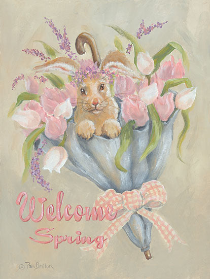 Pam Britton BR527 - BR527 - Spring Bunny - 12x16 Welcome, Spring, Bunny, Rabbit, Easter, Umbrella, Springtime, Signs, Greeting from Penny Lane