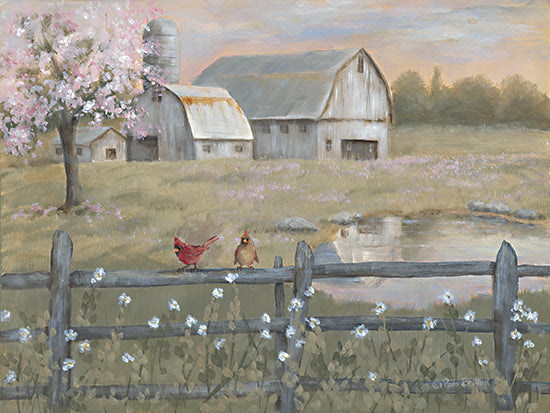Pam Britton BR556 - BR556 - Spring Has Arrived - 16x12 Spring, Birds, Cardinals, Farm, Barn, Flowering Tree, Wildflowers, Farmhouse/Country, Fence from Penny Lane
