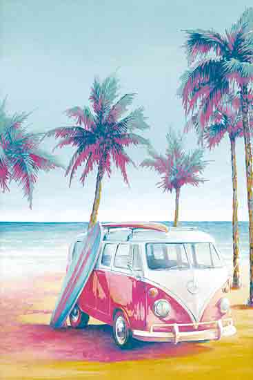 Cloverfield & Co. CC237 - CC237 - Surfer Van - 12x18 Coastal, Van, Palm Trees, Surfboards, Ocean, Beach, Sand, Red, Green, Yellow from Penny Lane