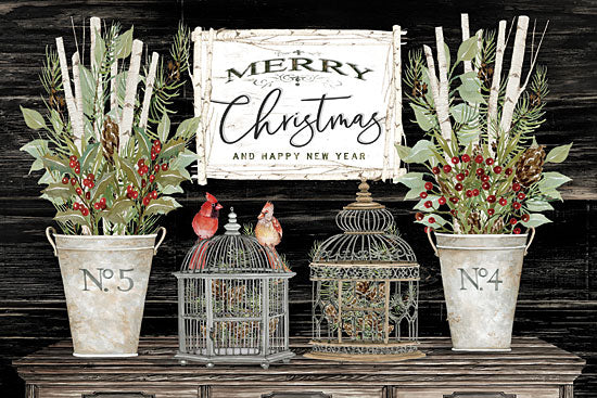 Cindy Jacobs CIN1920 - CIN1920 - Floral Merry Christmas - 18x12 Holidays, Merry Christmas, Bird Cages, Birds, Greenery, Berries, Metal Pails, Still Life from Penny Lane