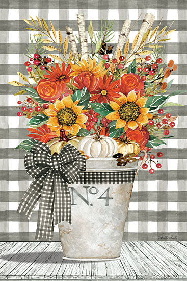 Cindy Jacobs CIN2722 - CIN2722 - No. 4 Autumn Floral Arrangement - 12x18 Flowers, Autumn, Fall Flowers, Black & White Plaid, Galvanized Pail, Pumpkins, Birch, Still Life, Berries from Penny Lane