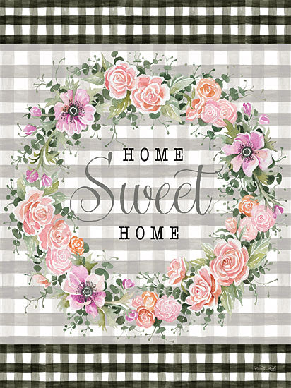 Cindy Jacobs CIN2875 - CIN2875 - Home Sweet Home Gingham - 12x16 Home Sweet Home, Wreath, Flowers, Pink and Purple Flowers, Signs, Black & White Plaid from Penny Lane