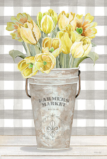 Cindy Jacobs CIN2888 - CIN2888 - Yellow Tulips II - 12x18 Yellow Tulips, Flowers, Tulips, Spring, Springtime, Spring Flowers, Galvanized Pail, Farmer's Market, Plaid, Still Life from Penny Lane