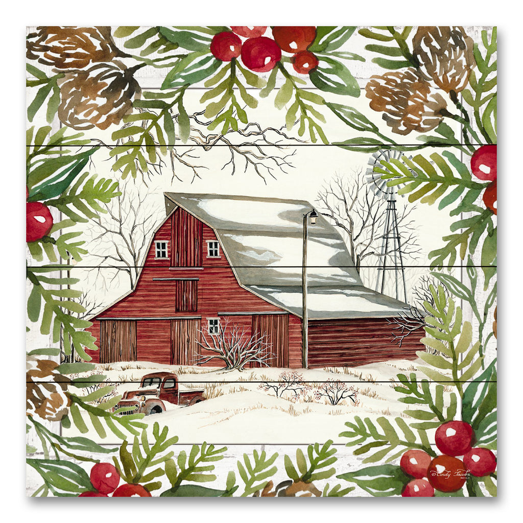 Cindy Jacobs CIN3261PAL - CIN3261PAL - Winter Window I - 12x12 Christmas, Holidays, Farm, Barn, Truck, Snow, Wreath, Greenery, Berries, Pine Cones from Penny Lane