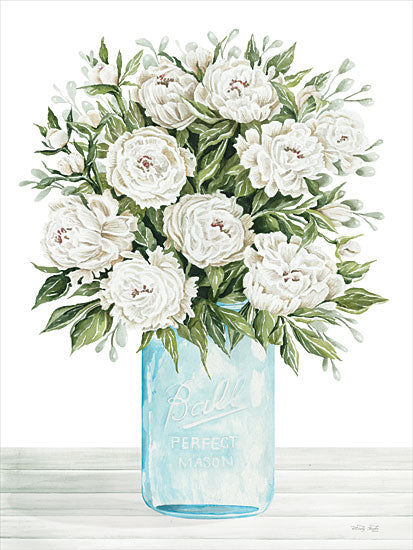 Cindy Jacobs CIN3672 - CIN3672 - Peonies on White II - 12x16 Flowers, White Flowers, Peonies, White Peonies, Bouquet, Ball Canning Jar, Blue Canning Jar, Farmhouse/Country from Penny Lane