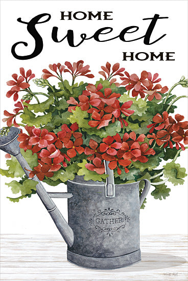 Cindy Jacobs CIN3716 - CIN3716 - Home Sweet Home - 12x18 Flowers, Geraniums, Red Geraniums, Watering Can, Home Sweet Home, Typography, Signs, Textual Art, Still Life, Summer, Galvanized Watering Can, Garden from Penny Lane