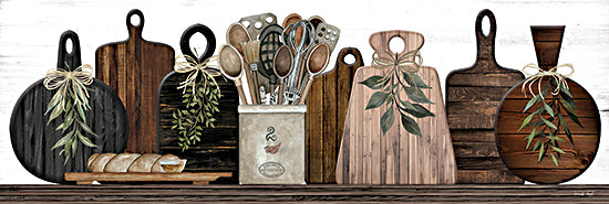 Cindy Jacobs CIN3772A - CIN3772A - Cutting Boards II - 36x12 Still Life, Kitchen, Cutting Boards, Greenery, Kitchen Utensils, Spoons, Bread, Rustic from Penny Lane