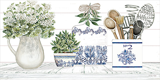 Cindy Jacobs CIN3859 - CIN3859 - Kitchen Heirlooms I - 18x9 Still life, Kitchen, Flowers, Heirlooms, Antiques, Vintage, Utensils, Pitcher, Pottery, Chinoiserie, Blue & White, Chinese Style in Art, Global Inspired, Kitchen Tools, French Country from Penny Lane