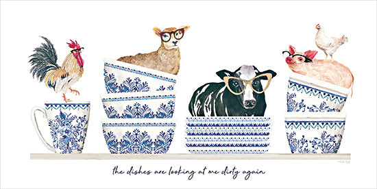 Cindy Jacobs CIN3891 - CIN3891 - The Dishes are Looking At Me Dirty Again - 18x9 Still Life, Chinoiserie, Blue & White Pottery, Kitchen, Bowls, Whimsical, Farm Animals, Sheep, Cow, Pig, Rooster, Chicken, Glasses, Humor, The Dishes are Looking at me Dirty Again, Typography, Signs, Textual Art, Shelf, Farmhouse/Country from Penny Lane