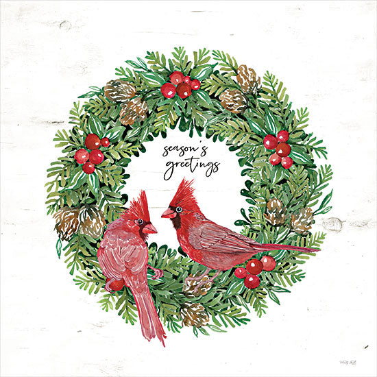 Cindy Jacobs CIN3943 - CIN3943 - Season's Greetings Cardinal Wreath - 12x12 Christmas, Holidays, Wreath, Cardinals, Season's Greetings, Typography, Signs, Greenery, Pine Cones, Berries, Winter from Penny Lane