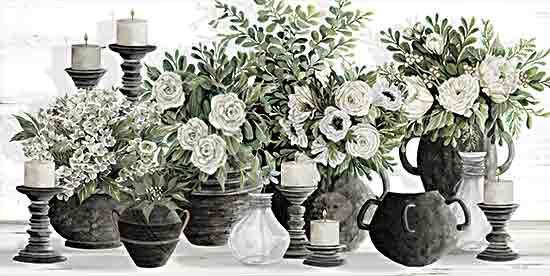 Cindy Jacobs CIN4190 - CIN4190 - Candles and Flowers Galore   - 18x9 Still Life, Flowers, White Flowers, Greenery, Candles, White Candles, Candlesticks, Black Candlesticks, Vases, Black Vases, Glass Vases,  Modern from Penny Lane