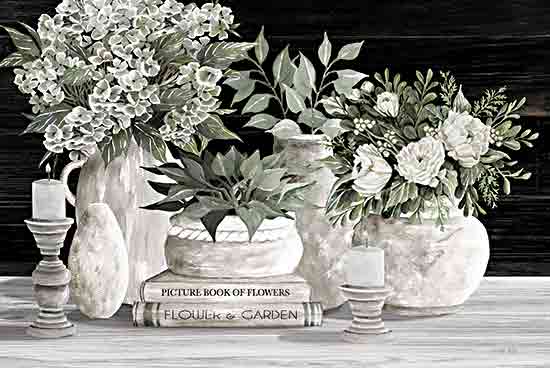 Cindy Jacobs CIN4201 - CIN4201 - Picture Perfect - 18x12 Still Life, Flowers, White Flowers, Bouquets, Greenery, Candles, Candlesticks, Vases, White Vases, Books, White Books, Picture Book of Flowers, Flower & Garden, Typography, Black Background from Penny Lane