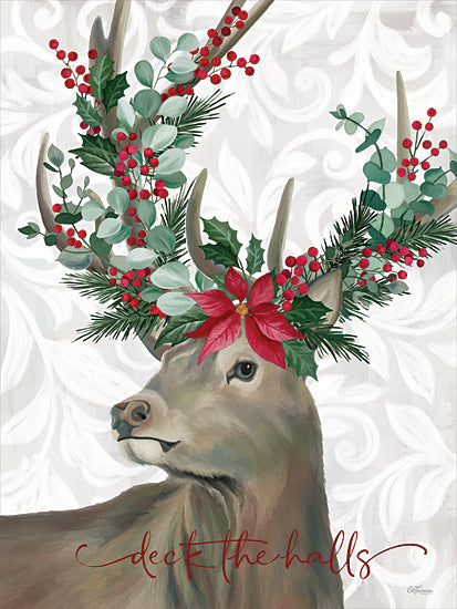 Cat Thurman Designs CTD118 - CTD118 - Deck the Halls Deer - 12x16 Christmas, Holidays, Deer, Flower, Poinsettia, Christmas Flowers, Greenery, Holly, Berries, Eucalyptus, Deck the Halls, Typography, Signs, Textual Art, Patterned Background, Winter from Penny Lane