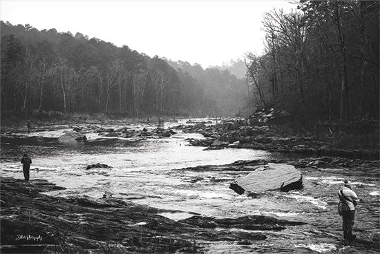 Dakota Diener DAK167 - DAK167 - River Fishing - 18x12 Photography, Landscape, River, Fishing, People, Riverbank, Trees, Black & White,  Leisure from Penny Lane
