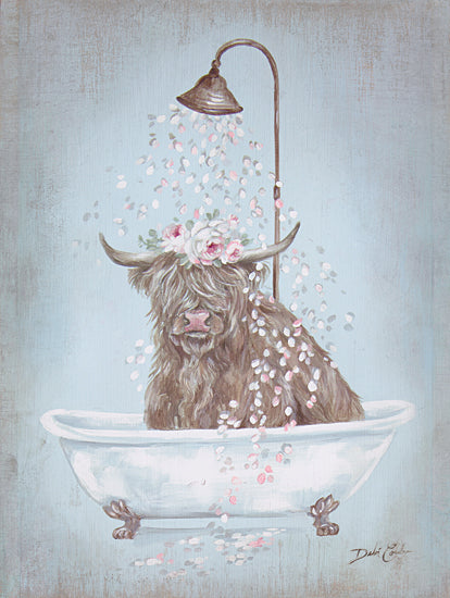 Debi Coules DC134 - DC134 - Showering Petals Highland - 12x16 Bath, Bathroom, Whimsical, Cow, Highland Cow, Petals, Flowers, Vintage Tub from Penny Lane