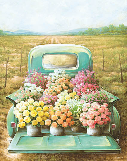 Dee Dee DD1628D - DD1628D - Flowers for Sale  - 18x24 Truck, Teal Truck, Flowers, Truck Bed, Spring, Spring Flowers, Flowers for Sale, Cottage/Country, Flower Garden from Penny Lane