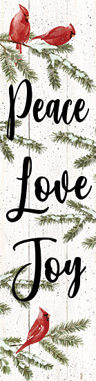 Dogwood Portfolio DOG235 - DOG235 - Peace, Love, Joy Cardinals I - 5x20 Winter, Cardinals, Trees, Pine Trees, Snow, Inspirational, Peace, Love, Joy, Typography, Signs, Textual Art from Penny Lane