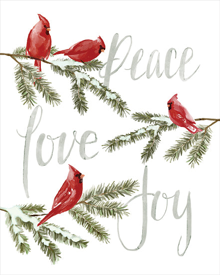 Dogwood Portfolio DOG236 - DOG236 - Peace, Love, Joy Cardinals II - 12x16 Winter, Cardinals, Trees, Pine Trees, Snow, Inspirational, Peace, Love, Joy, Typography, Signs, Textual Art, Snow from Penny Lane
