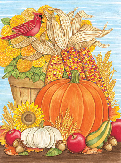 Deb Strain DS1979 - DS1979 - Fall Pumpkin & Cardinal - 12x16 Fall Pumpkins, Cardinal, Birds, Flowers, Indian Corn, Autumn, Still Life, Mums, Sunflowers, Apples, Harvest from Penny Lane