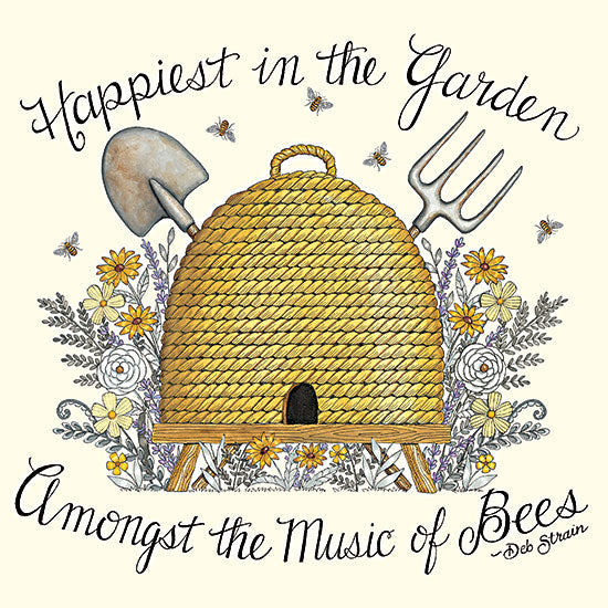Deb Strain DS2148 - DS2148 - Happiest in the Garden - 12x12 Inspirational, Happiest in the Garden Amongst the Music of Bees, Typography, Signs, Textual Art, Bees, Beehive, Garden, Flowers, Garden Tools, Spring from Penny Lane