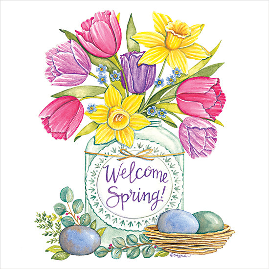 Deb Strain DS2183 - DS2183 - Welcome Spring Mason Jar - 12x12 Spring, Flowers, Tulips, Spring Flowers, Jar, Easter Eggs, Easter, Welcome Spring, Typography, Signs, Textual Art, Greenery from Penny Lane