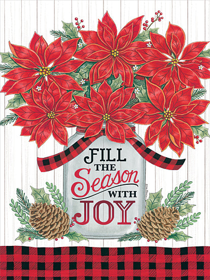 Deb Strain DS2263 - DS2263 - Poinsettia Jar - 12x16 Christmas, Holidays, Flowers, Poinsettias, Red Poinsettias, Christmas Flowers, Canning Jar, Pinecones, Greenery, Fill the Season with Joy, Typography, Signs, Textual Art, Plaid Ribbons from Penny Lane