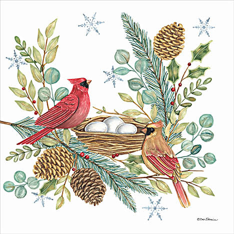 Deb Strain DS2278 - DS2278 - Cardinals and Greenery II - 12x12 Winter, Cardinals, Birds, Male, Female, Bird's Nest,  Greenery, Eucalyptus, Pine Springs, Pinecones, Holly, Berries, Snowflakes from Penny Lane