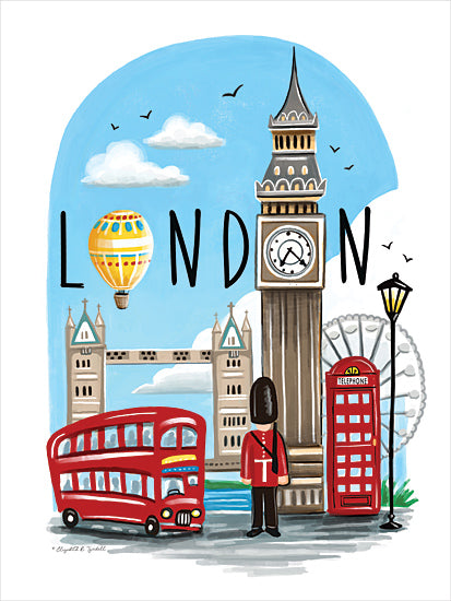 Elizabeth Tyndall ET124 - ET124 - London - 12x16 Travel, London, Typography, Signs, Textual Art, Landscape, Big Ben, Double Decker Bus, Hot Air Balloon, Telephone Box, King's Guard from Penny Lane